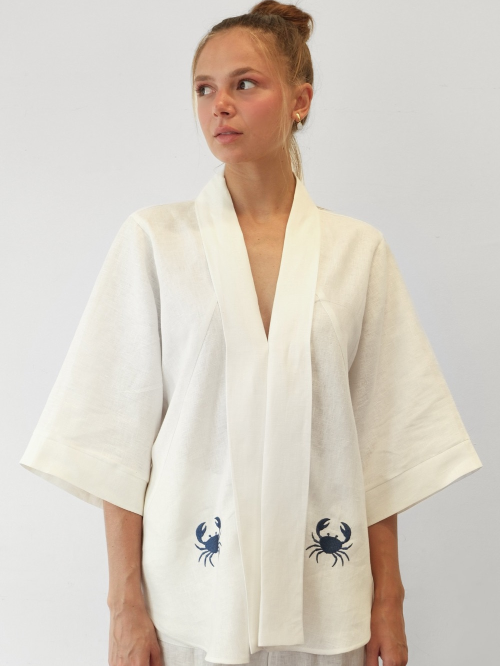 Quimono linho puro bordado - branco