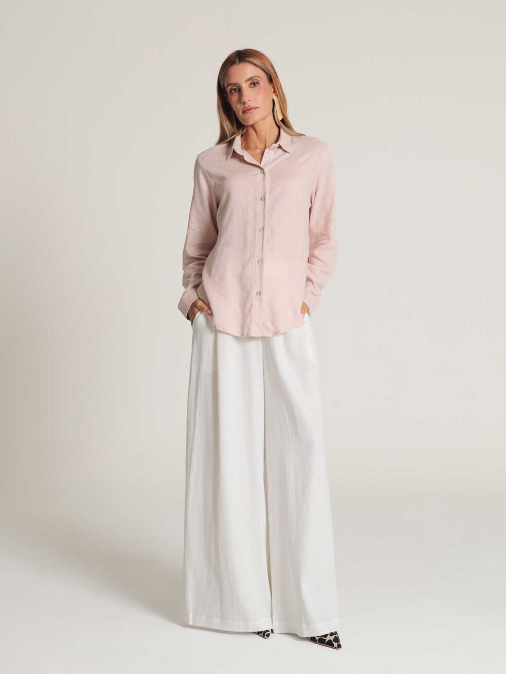 Camisa básica de manga longa de linho rosa - Lunes